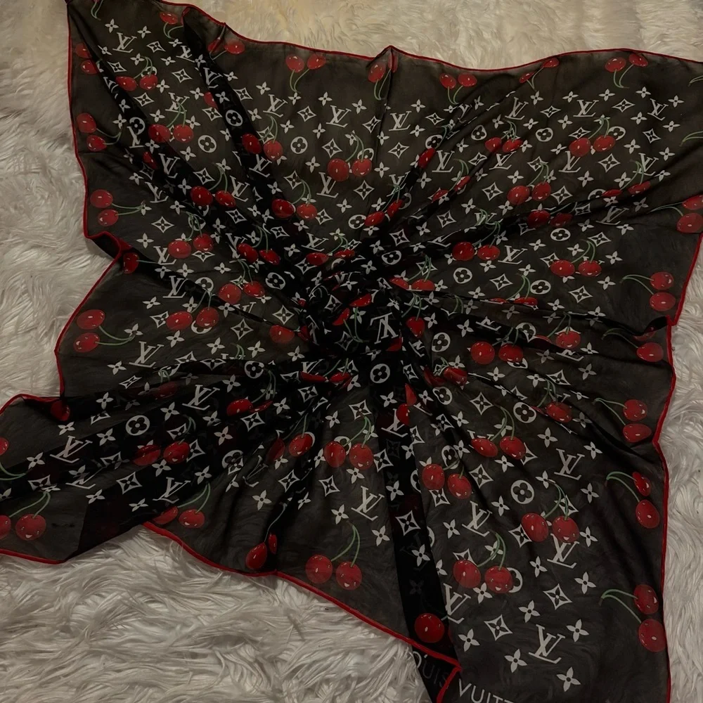 LOUIS VUlTTON 100% silk cherry print monogram scarf 40x40 custom print design